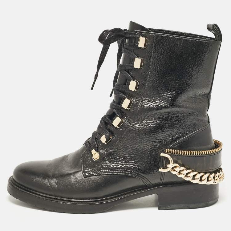 Pre Owned Lanvin Black Leather Chain Detail Lace Up Ankle Length Boots Size 40