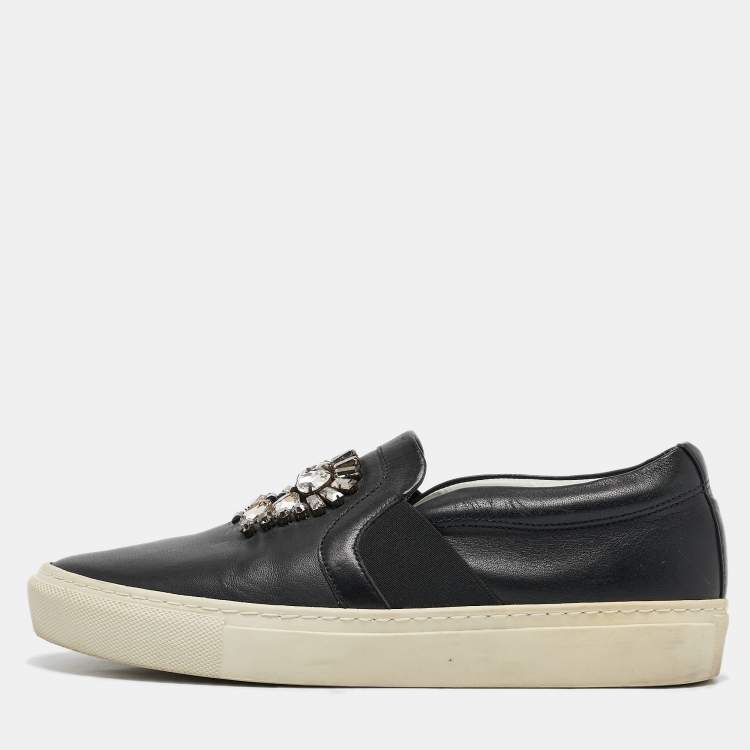 Pre Owned Lanvin Black Leather Crystal Embellished Lace Up Sneakers Size 38
