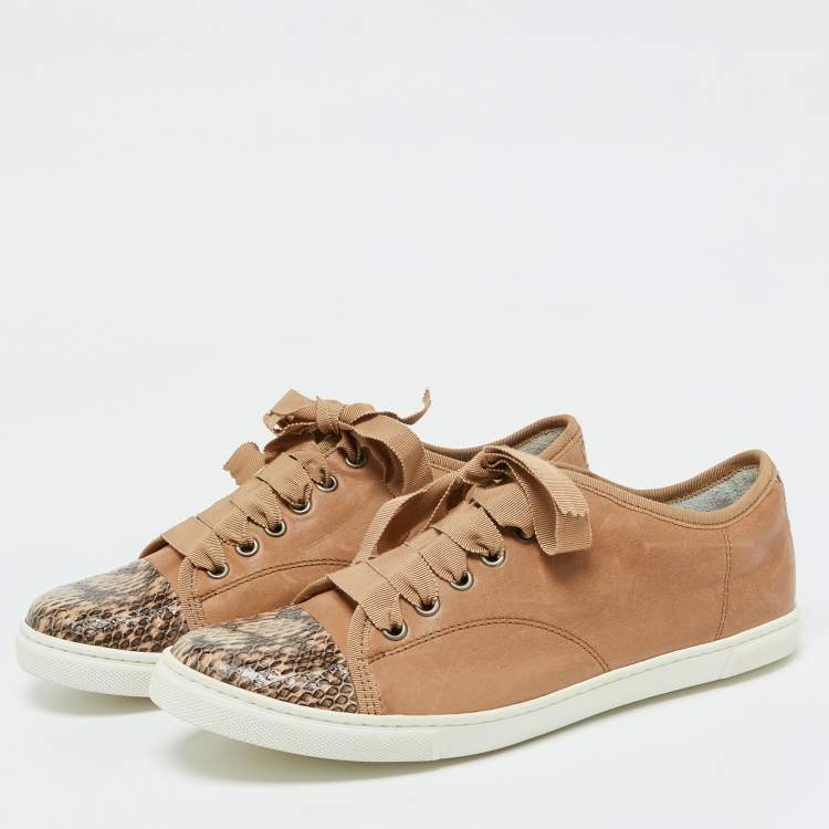 Pre Owned Lanvin Brown Leather and Snakeskin Cap Toe Low Top Sneakers Size 39
