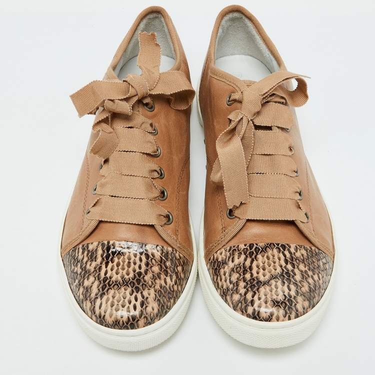 Pre Owned Lanvin Brown Leather and Snakeskin Cap Toe Low Top Sneakers Size 39