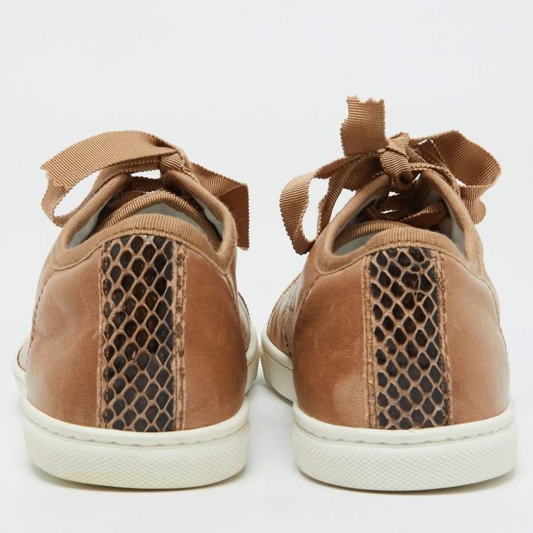 Pre Owned Lanvin Brown Leather and Snakeskin Cap Toe Low Top Sneakers Size 39