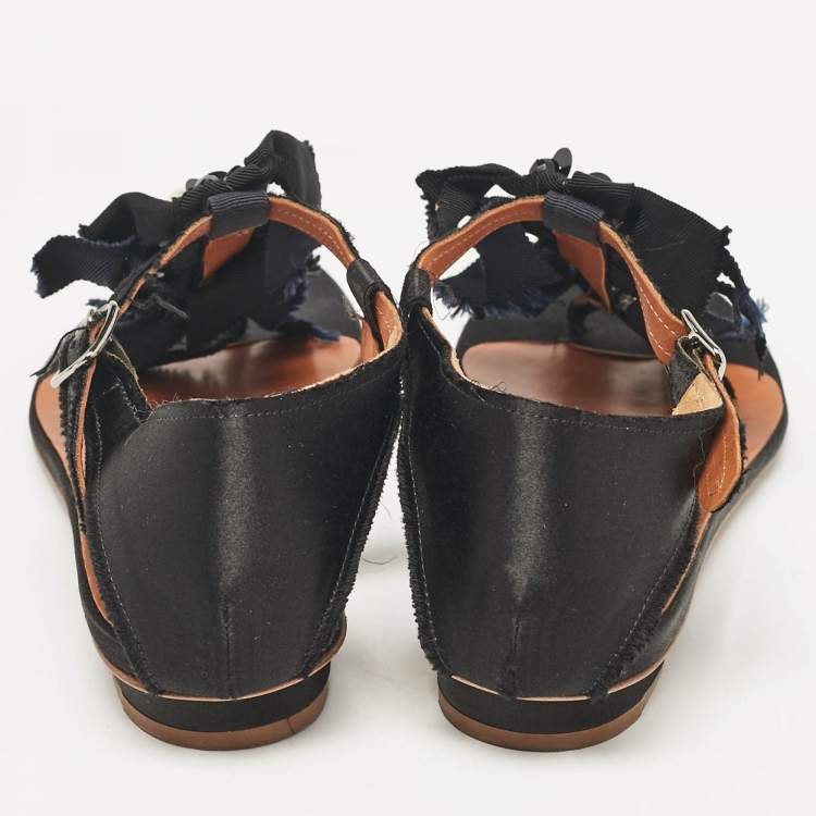 Pre Owned Lanvin Black Satin Crystals Embellished Flat Sandals Size 37