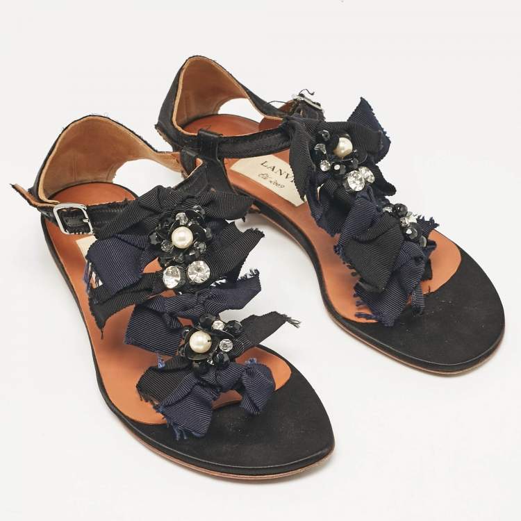 Pre Owned Lanvin Black Satin Crystals Embellished Flat Sandals Size 37