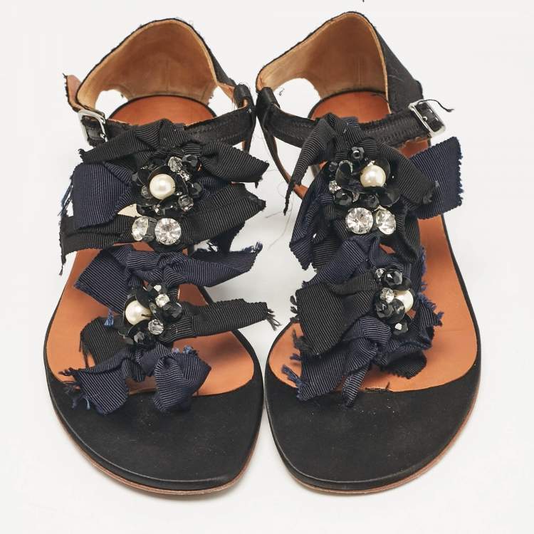Pre Owned Lanvin Black Satin Crystals Embellished Flat Sandals Size 37