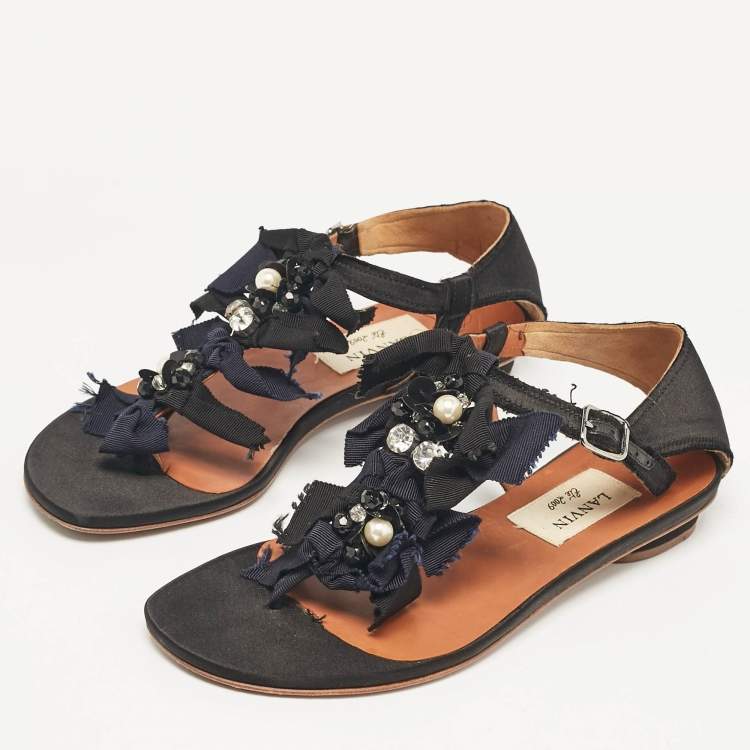 Pre Owned Lanvin Black Satin Crystals Embellished Flat Sandals Size 37