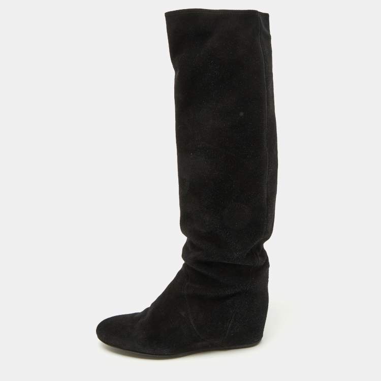 Pre Owned Lanvin Black Suede Knee Length Wedge Boots Size 39