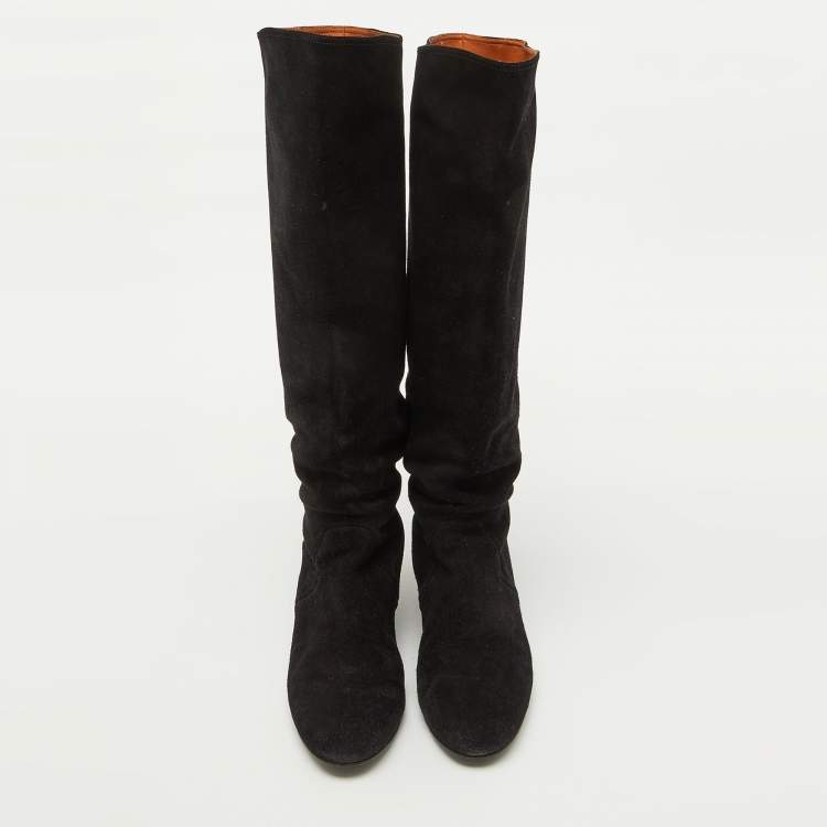 Pre Owned Lanvin Black Suede Knee Length Wedge Boots Size 39