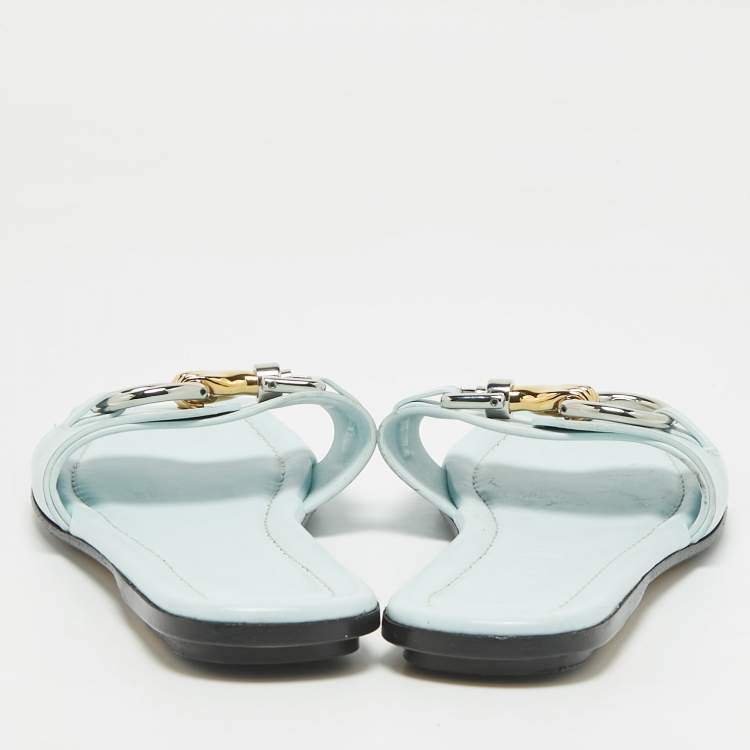 Pre Owned Lanvin Blue Leather Embellished Flat Slides Size 38