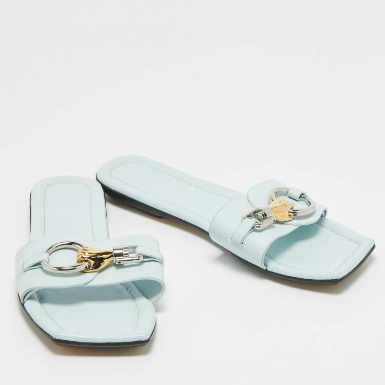 Pre Owned Lanvin Blue Leather Embellished Flat Slides Size 38