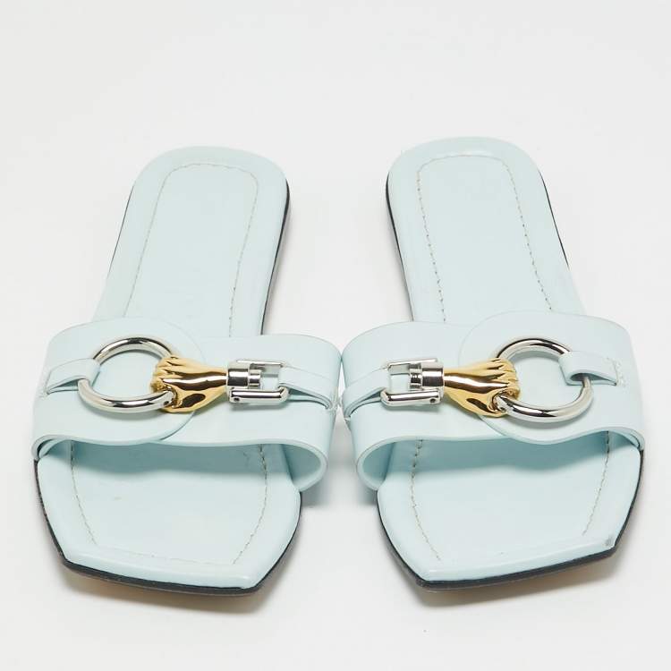 Pre Owned Lanvin Blue Leather Embellished Flat Slides Size 38