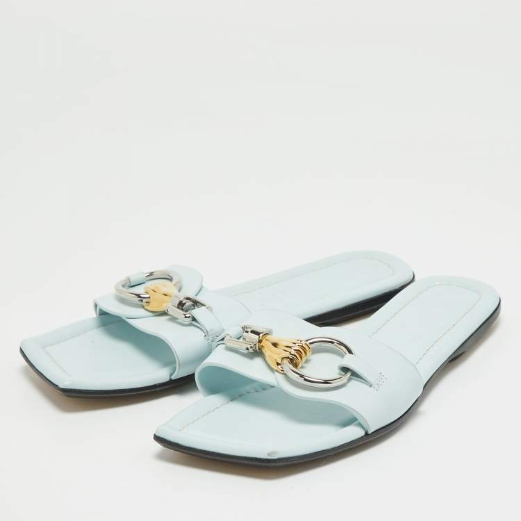 Pre Owned Lanvin Blue Leather Embellished Flat Slides Size 38