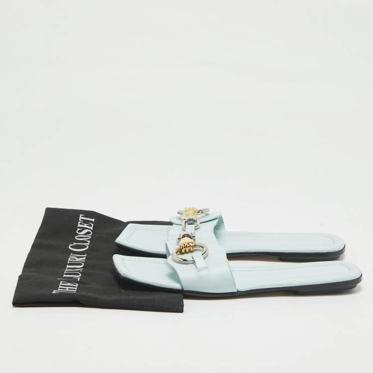 Pre Owned Lanvin Blue Leather Embellished Flat Slides Size 38