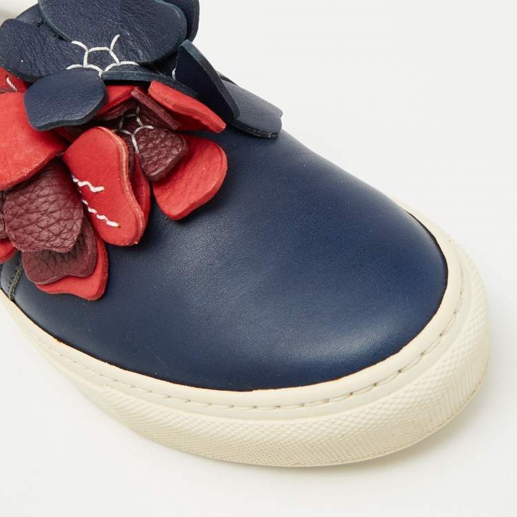 Pre Owned Lanvin Navy Blue Leather Flower Embellished Slip On Sneakers Size 37