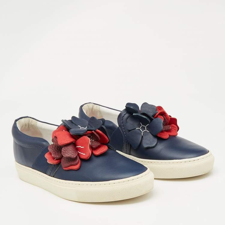 Pre Owned Lanvin Navy Blue Leather Flower Embellished Slip On Sneakers Size 37