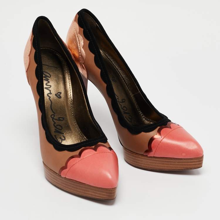 Pre Owned Lanvin Multicolor Leather Scalloped Pointed Toe Platform Pumps Size 38
