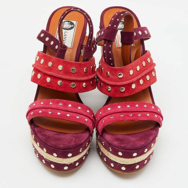 Pre Owned Lanvin Multicolor Suede Studded Espadrille Platform Wedge Ankle Strap Sandals Size 40