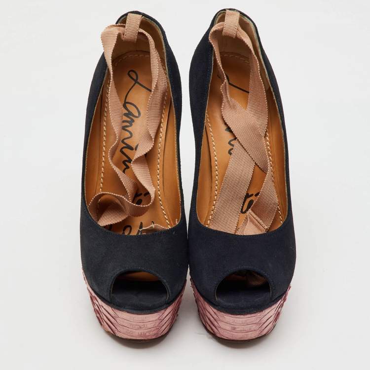 Pre Owned Lanvin Navy Blue/Pink  Suede and Snakeskin Ankle Wrap Platform Wedge Pumps Size 38