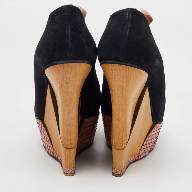 Pre Owned Lanvin Navy Blue/Pink  Suede and Snakeskin Ankle Wrap Platform Wedge Pumps Size 38