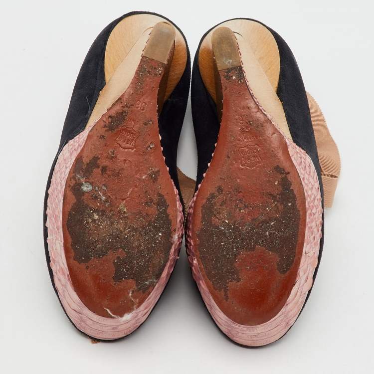 Pre Owned Lanvin Navy Blue/Pink  Suede and Snakeskin Ankle Wrap Platform Wedge Pumps Size 38