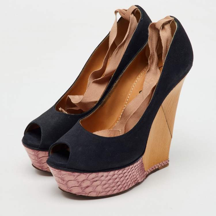 Pre Owned Lanvin Navy Blue/Pink  Suede and Snakeskin Ankle Wrap Platform Wedge Pumps Size 38