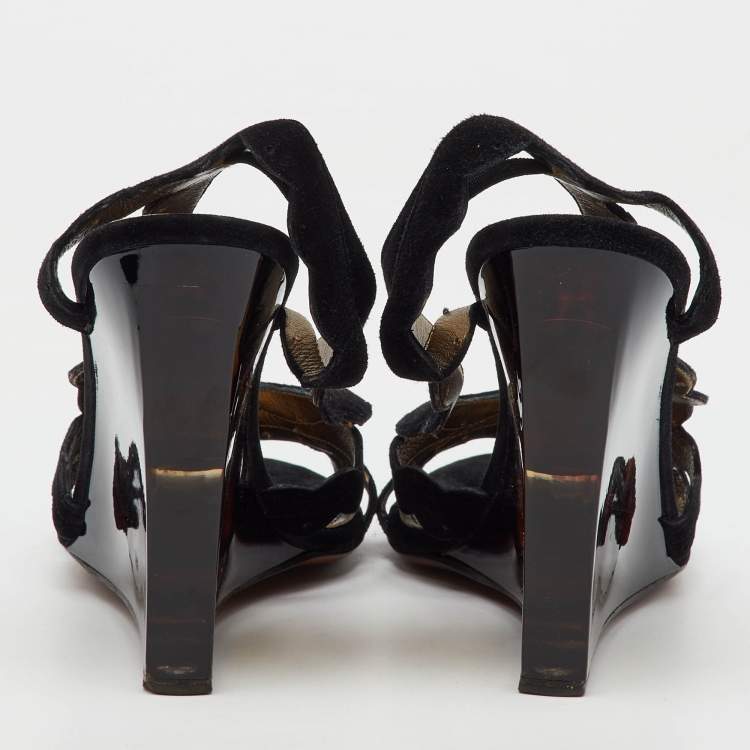 Pre Owned Lanvin Black Suede Slingback Wedge Sandals Size 40