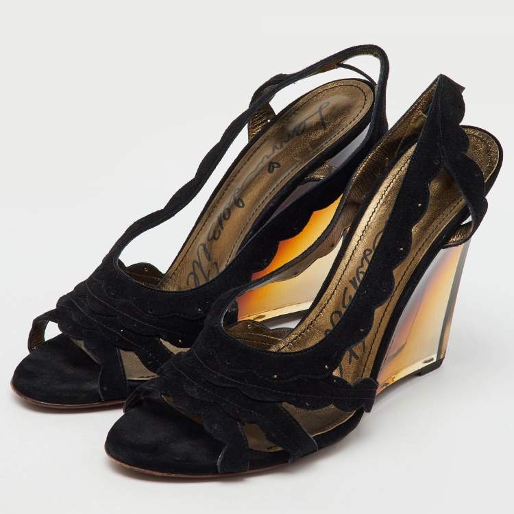 Pre Owned Lanvin Black Suede Slingback Wedge Sandals Size 40