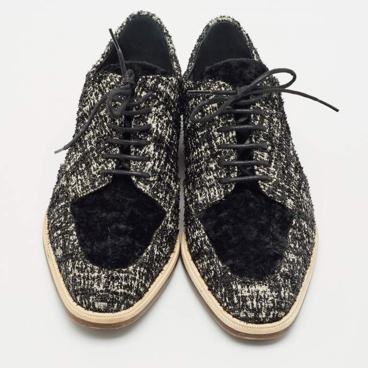 Pre Owned Lanvin Black/White Velvet Lace Up Derby Size 36