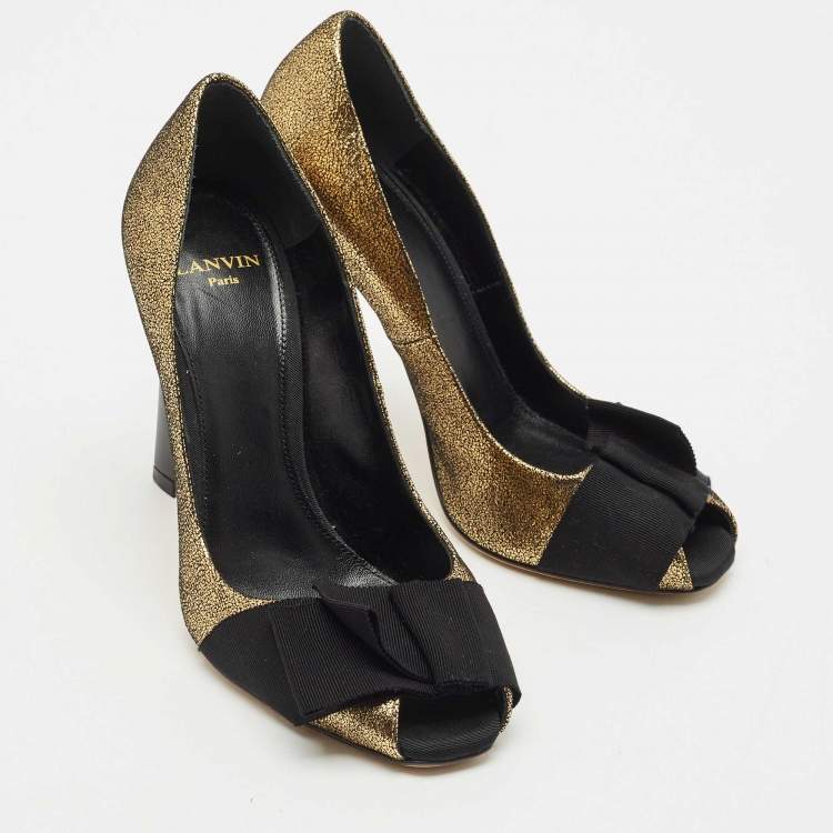 Pre Owned Lanvin Gold/Black Fabric and Leather Bow Peep Toe Pumps Size 36.5