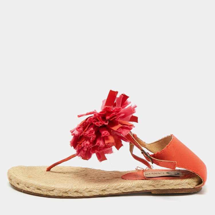 Pre Owned Lanvin Pink Satin Flower Bow Thong Espadrille Flat Sandals Size 39