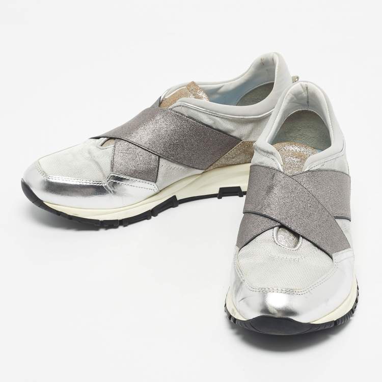 Pre Owned Lanvin Silver Leather and Fabric Cloth Trainer Sneakers Size 38