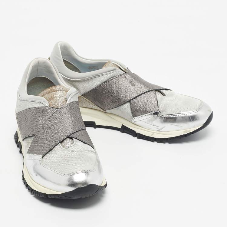 Pre Owned Lanvin Silver Leather and Fabric Cloth Trainer Sneakers Size 38