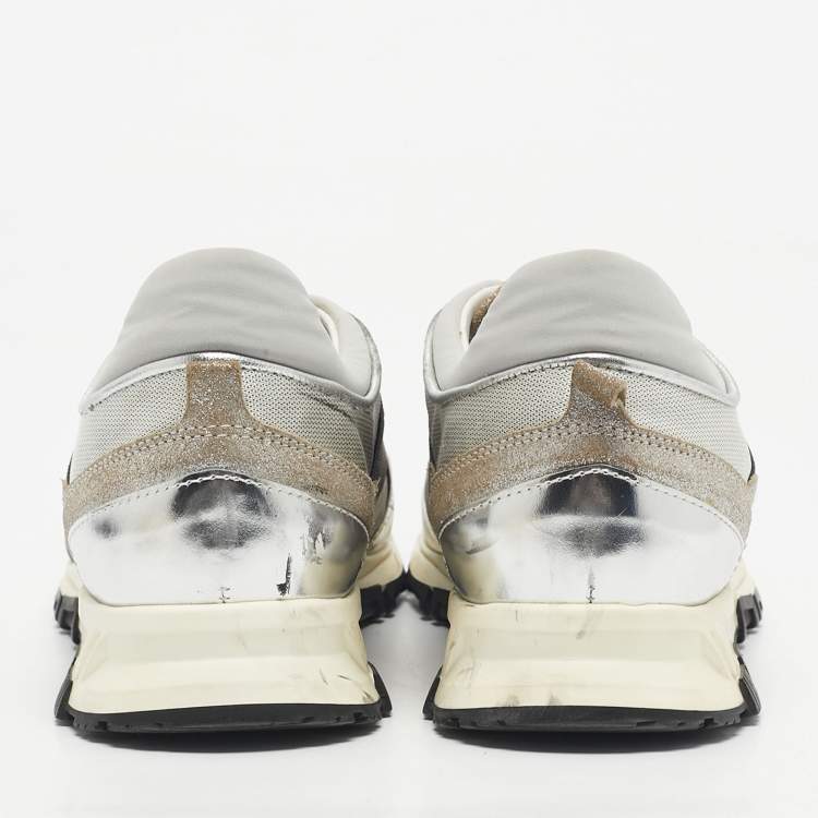 Pre Owned Lanvin Silver Leather and Fabric Cloth Trainer Sneakers Size 38