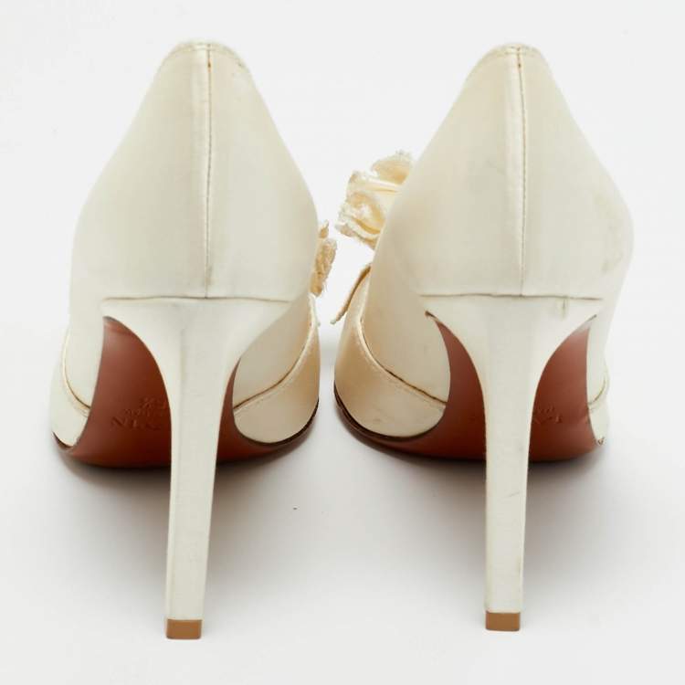 Pre Owned Lanvin White Satin Bow Peep Toe Pumps Size 36.5