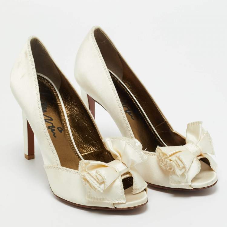 Pre Owned Lanvin White Satin Bow Peep Toe Pumps Size 36.5