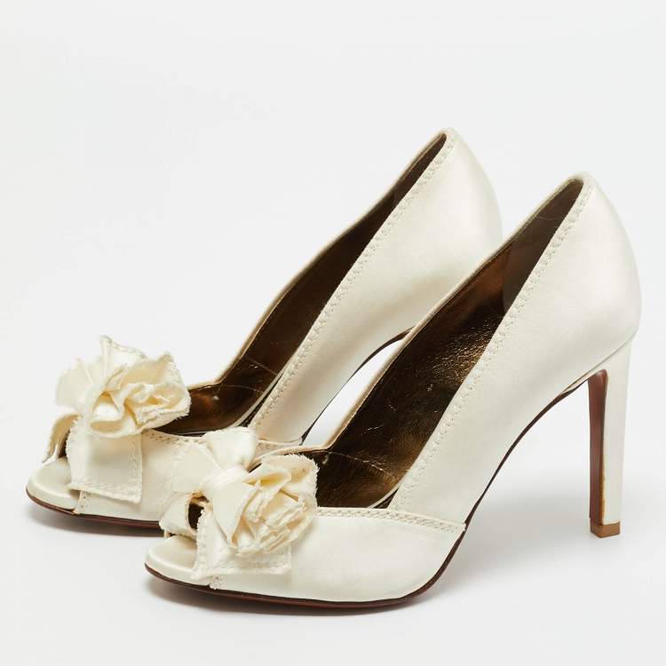Pre Owned Lanvin White Satin Bow Peep Toe Pumps Size 36.5