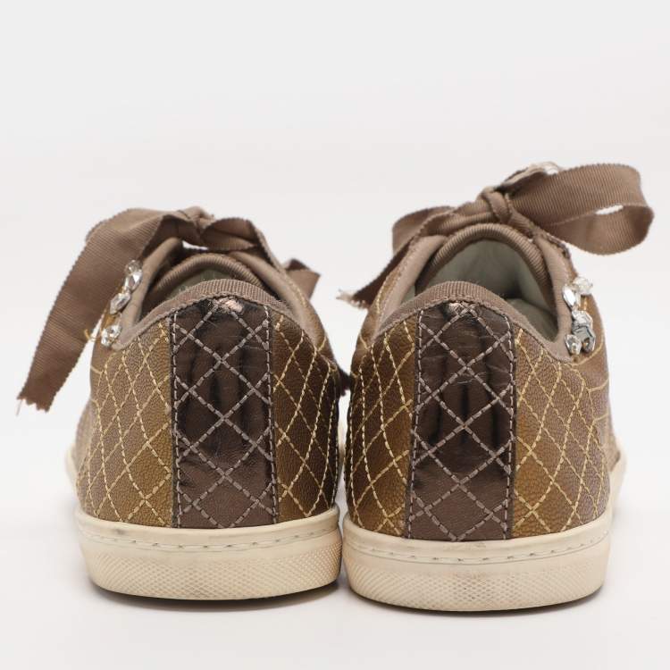 Pre Owned Lanvin Gold Quilted Leather Crystal Embellished Low Top Sneakers Size 40