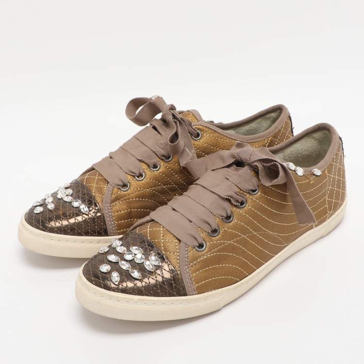 Pre Owned Lanvin Gold Quilted Leather Crystal Embellished Low Top Sneakers Size 40