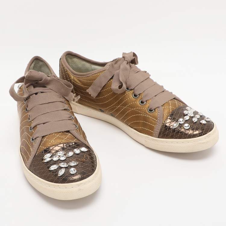 Pre Owned Lanvin Gold Quilted Leather Crystal Embellished Low Top Sneakers Size 40