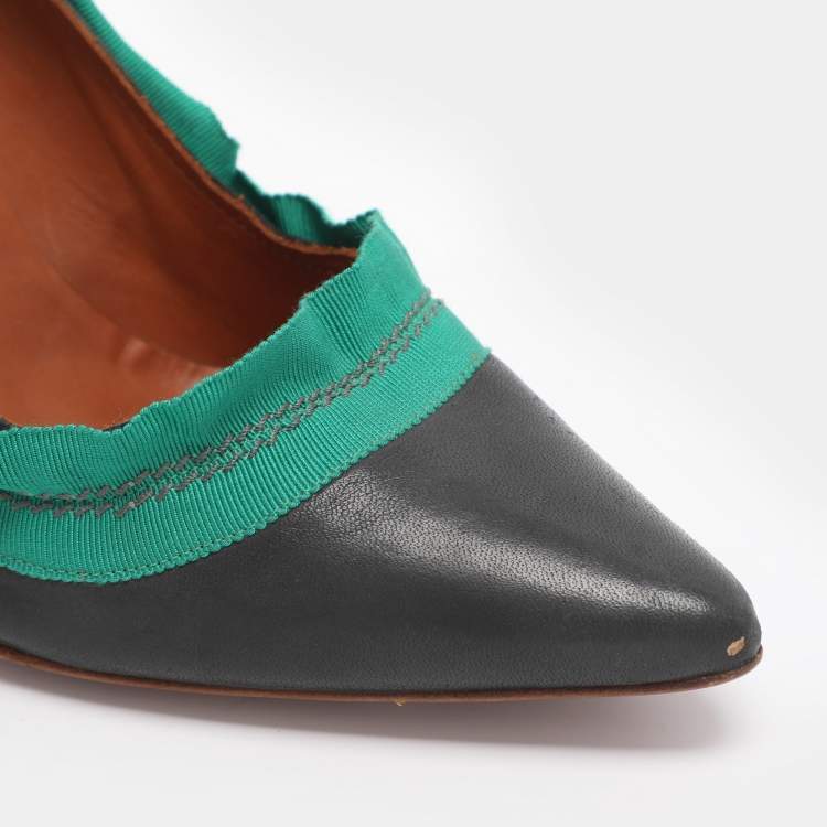 Pre Owned Lanvin Size 40 Black/Green Fabric and Leather Pumps