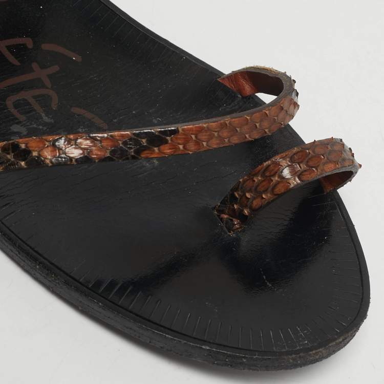 Pre Owned Lanvin Size 38 Brown Snakeskin Leather Ring Toe Ankle Strap Flat Sandals