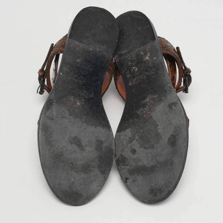 Pre Owned Lanvin Size 38 Brown Snakeskin Leather Ring Toe Ankle Strap Flat Sandals