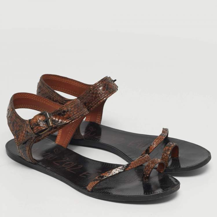Pre Owned Lanvin Size 38 Brown Snakeskin Leather Ring Toe Ankle Strap Flat Sandals