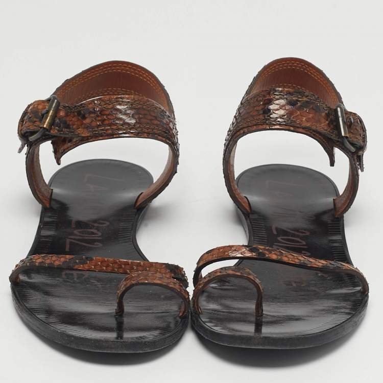 Pre Owned Lanvin Size 38 Brown Snakeskin Leather Ring Toe Ankle Strap Flat Sandals