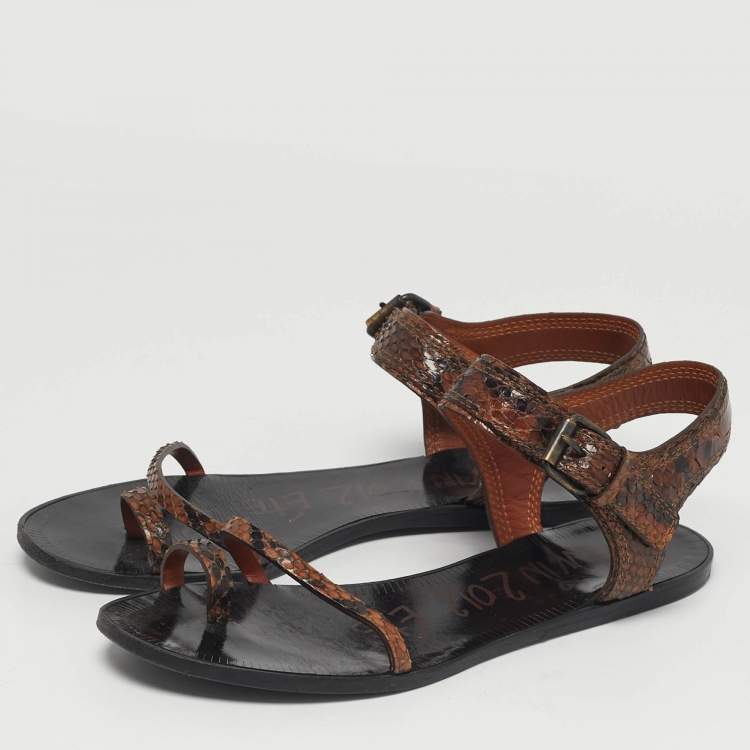 Pre Owned Lanvin Size 38 Brown Snakeskin Leather Ring Toe Ankle Strap Flat Sandals