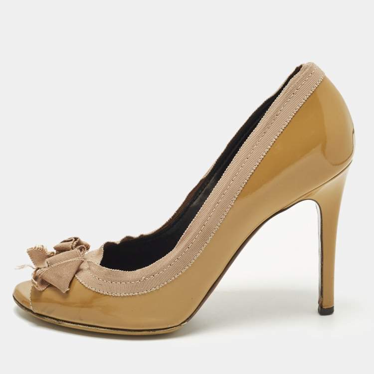 Pre Owned Lanvin Size 40 Brown Patent Leather Grosgrain Bow Peep Toe Pumps