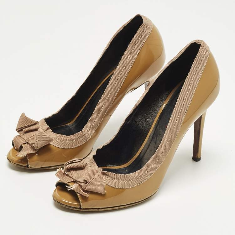 Pre Owned Lanvin Size 40 Brown Patent Leather Grosgrain Bow Peep Toe Pumps