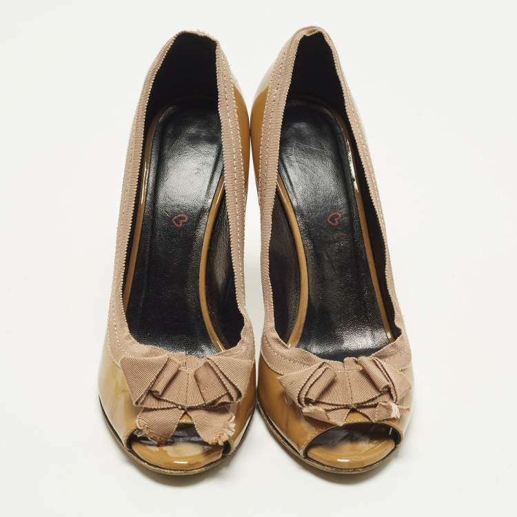 Pre Owned Lanvin Size 40 Brown Patent Leather Grosgrain Bow Peep Toe Pumps