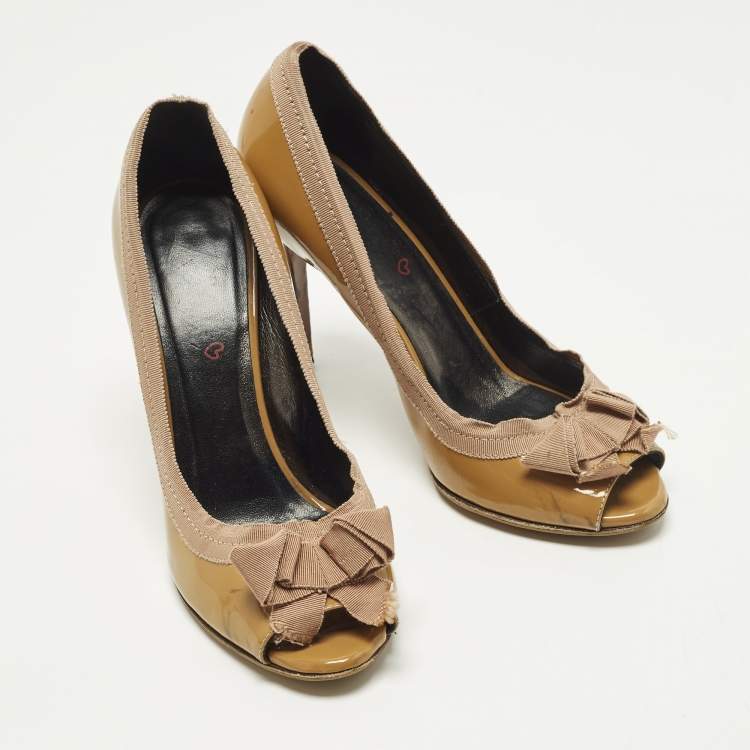Pre Owned Lanvin Size 40 Brown Patent Leather Grosgrain Bow Peep Toe Pumps