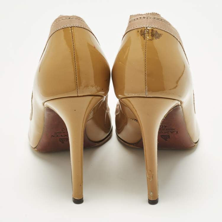 Pre Owned Lanvin Size 40 Brown Patent Leather Grosgrain Bow Peep Toe Pumps