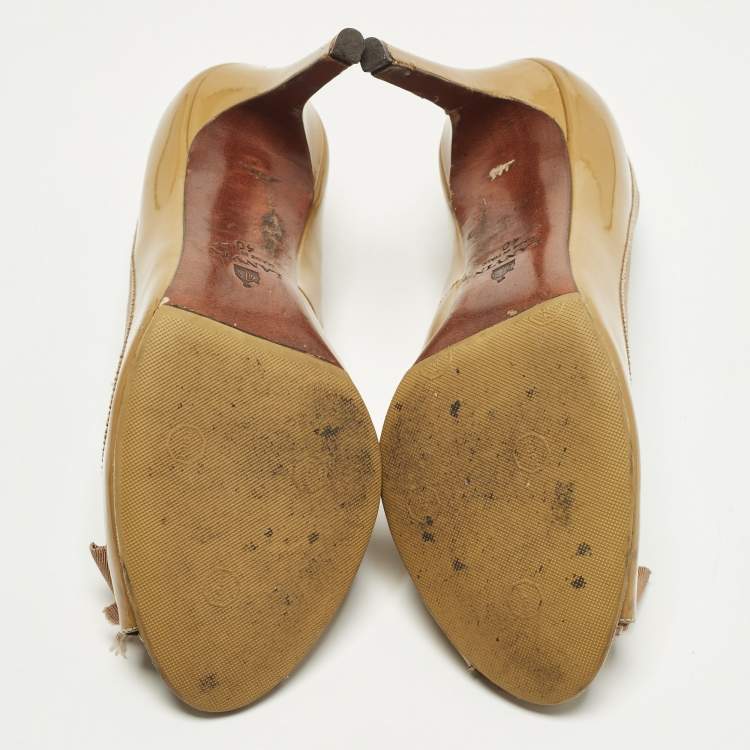 Pre Owned Lanvin Size 40 Brown Patent Leather Grosgrain Bow Peep Toe Pumps